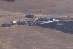 This image made from a video provided by KGTV shows the scene of an F-35 jet crash Friday, July 31, 2026, near the Miramar Air Base in San Diego. (KGTV via AP)