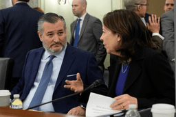 Senate Commerce, Science, and Transportation Committee Chair Sen. Ted Cruz, R-Texas, left, talks with ranking member Sen. Maria Cantwell, D-Wash., right, before the start a hearing on Capitol Hill in Washington, Wednesday, Jan. 15, 2025. (AP Photo/Susan Walsh,File)