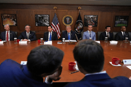 President Donald Trump, seated center, joined by Energy Secretary Chris Wright, from left, Interior Secretary Doug Burgum, Secretary of State Marco Rubio, Defense Secretary Pete Hegseth, acting Labor Secretary Keith Sonderling, and Housing and Urban Development Secretary Scott Turner, attends a cabinet meeting, Friday, July 31, 2026, at Camp David, the presidential retreat, near Thurmont, Md., Friday, July 31, 2026. (AP Photo/Jacquelyn Martin)