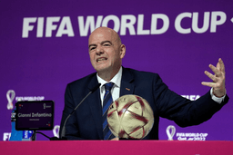 FIFA President Gianni Infantino gestures as he meets the media at the FIFA World Cup closing press conference in Doha, Qatar, Friday, Dec. 16, 2022. (AP Photo/Martin Meissner, File)