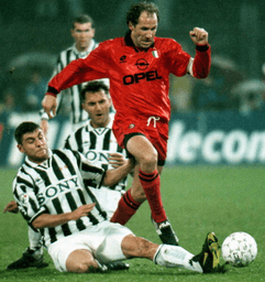 Milan's veteran Franco Baresi escapes Juventus player Angelo Di Livio and Christian Vieri during a First Division soccer match in Turin on Nov. 17, 1996. (AP Photo/Mauro Pilone, File)